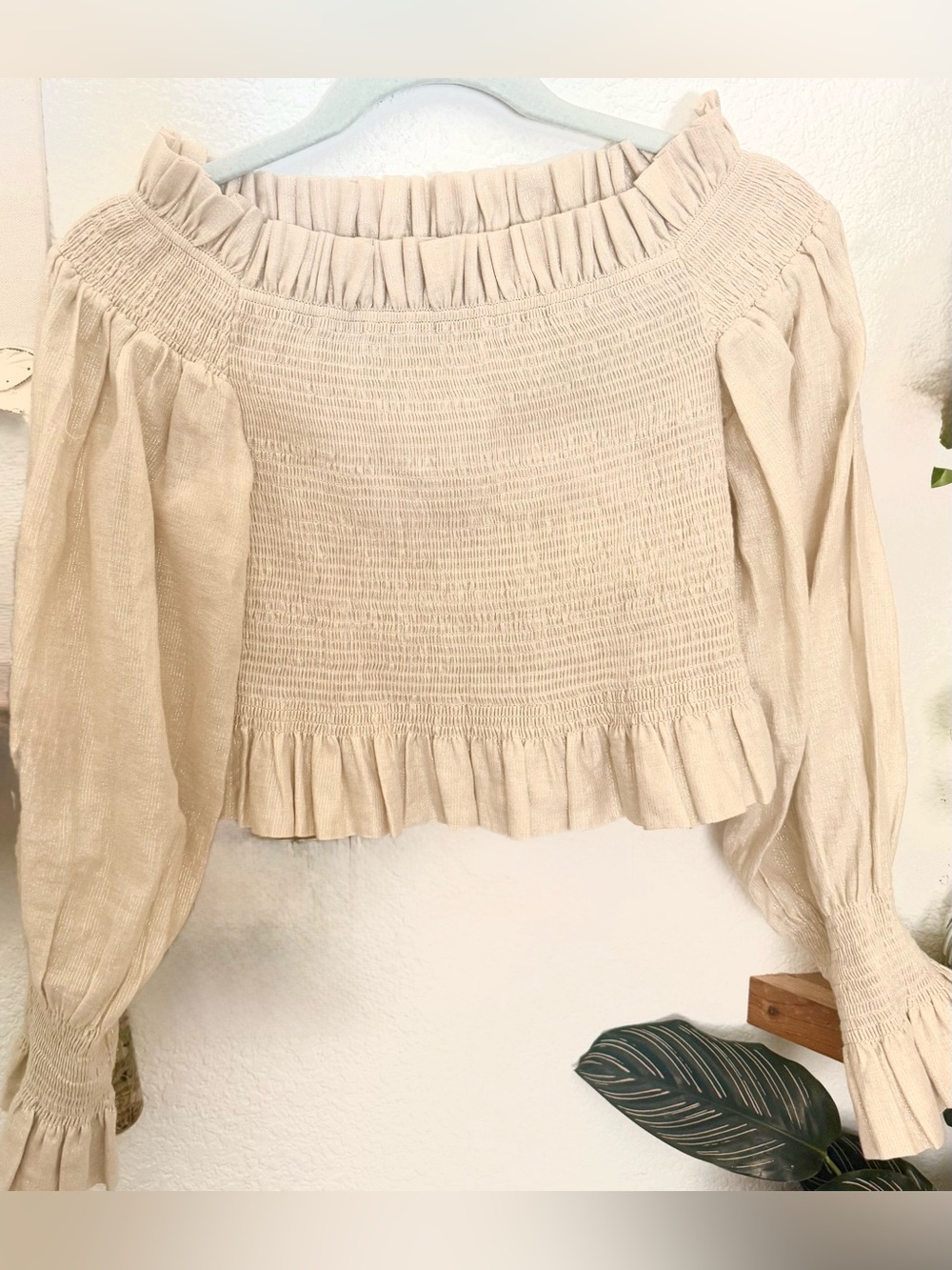My Beachy Side Yasmin Off Shoulder Ruched Top Ruffle Puffed Sleeve Gold Metallic